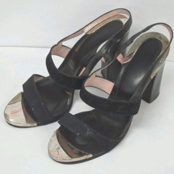 Louis Vuitton Other - L Vuitton black chrome silver open toe logo pumps